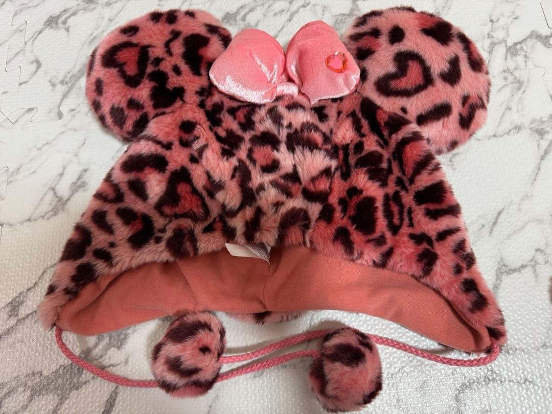 ディズニー　ミニー　旧ピンクヒョウ柄ファンキャップ　ミトン