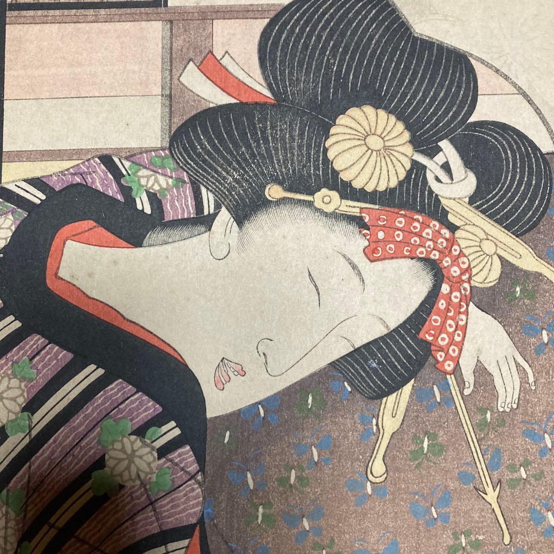 葛飾北斎門人　柳川重信　美人画木板　　　額44.5×41.5￼絵27×24cm