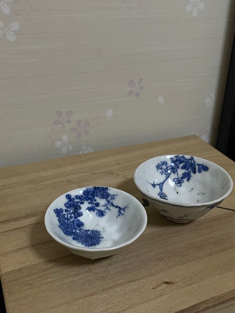 京焼 名工 清水七兵衛 造 在銘 染付煎茶碗 二客 煎茶道具 時代物 骨董 美品