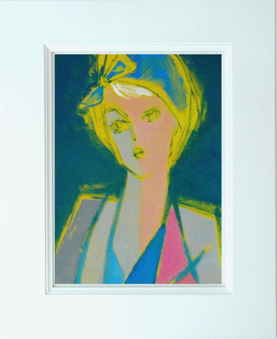油絵 菅家令子 絵 絵画インテリア額付(青緑＋金色の枠) F6-080612女性