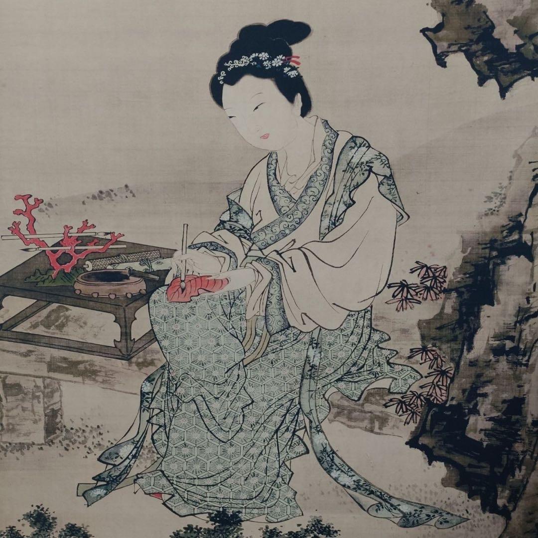 中国 美人画 唐寅 仕女図 三尺中堂掛け軸／表装済み