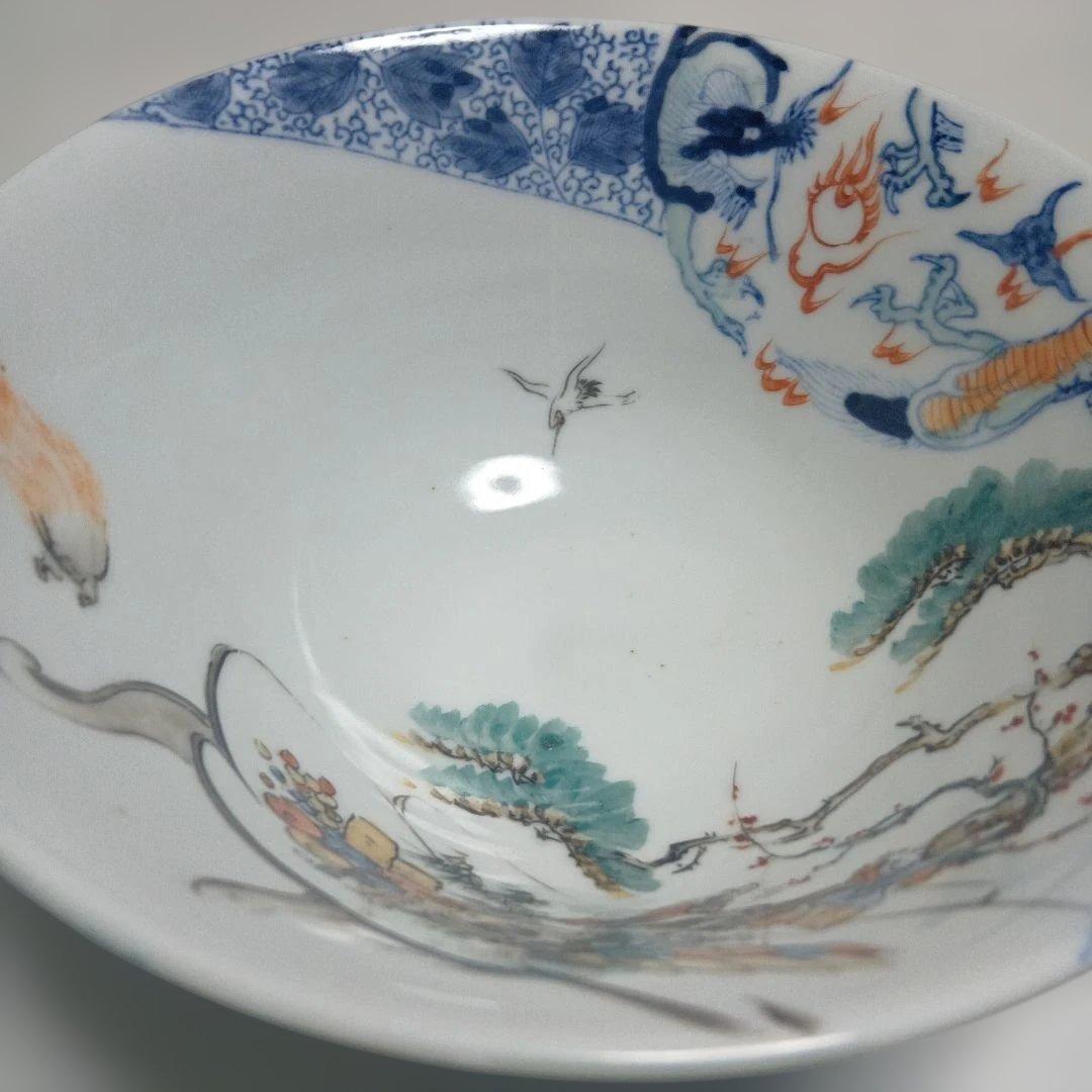 骨董品　庄上製　還了樋口 手描きの青白い陶器の深皿
