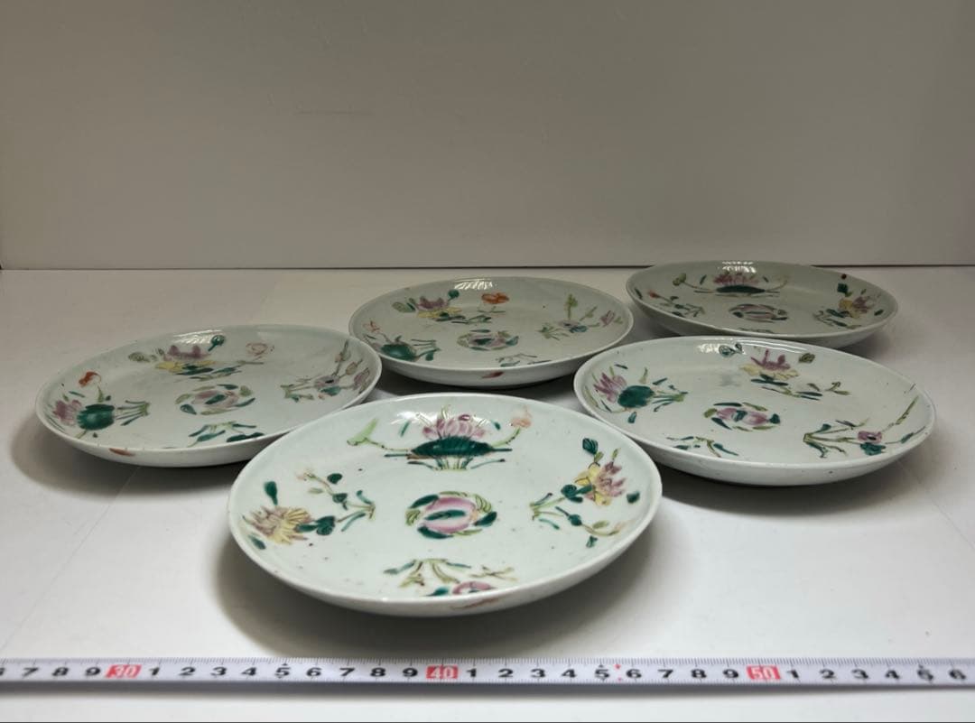 中国清時代　南京粉彩中皿5枚　木箱付　直径約16.5㎝　東Y8-0402☆2F