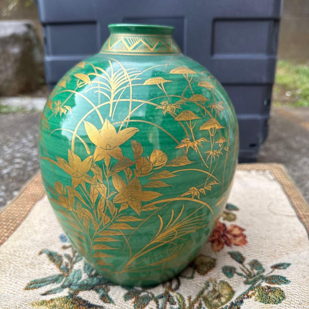 九谷焼 緑色 花瓶 金色装飾
