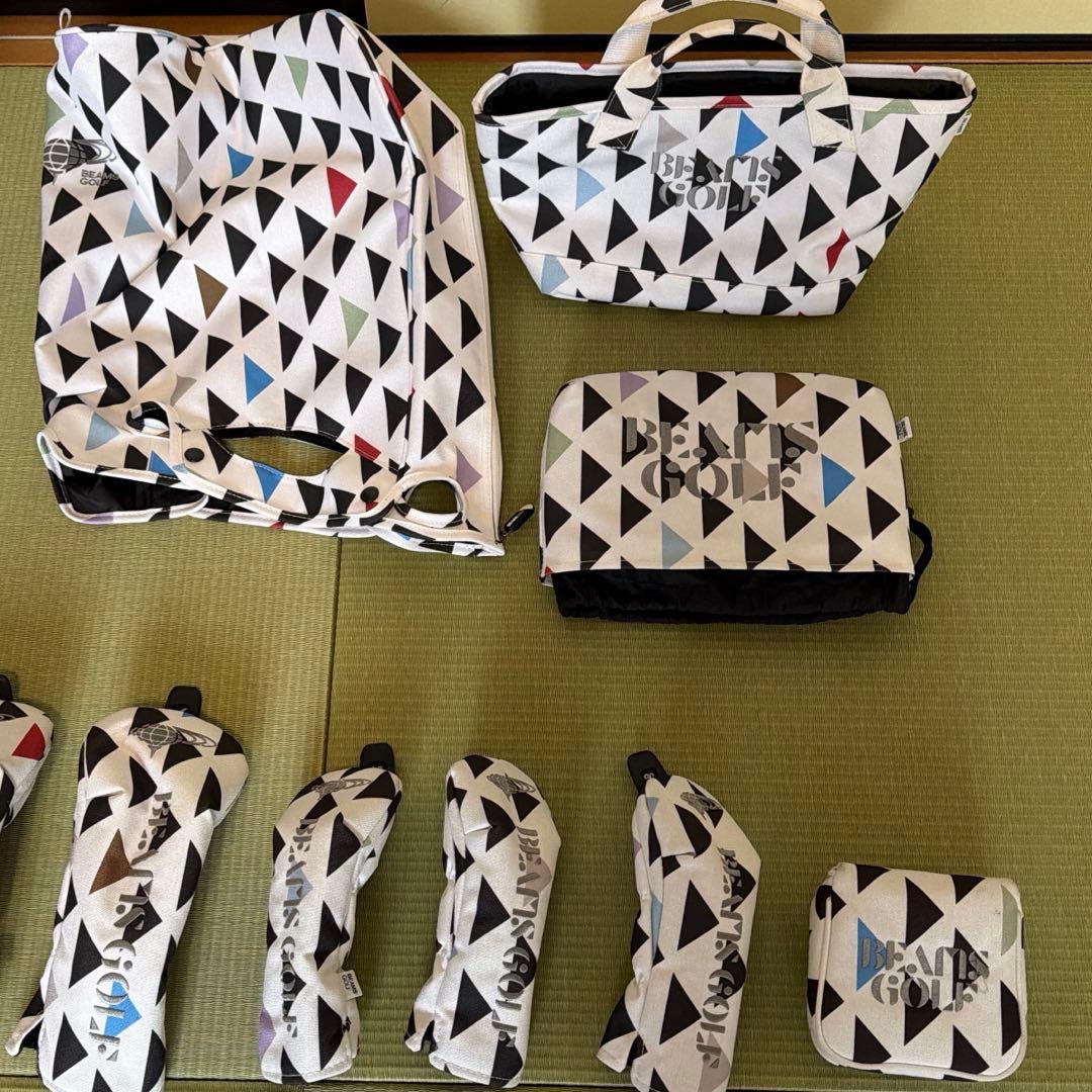 BEAMS GOLF 幾何学プリントキャディバッグ・ヘッドカバー他セット
