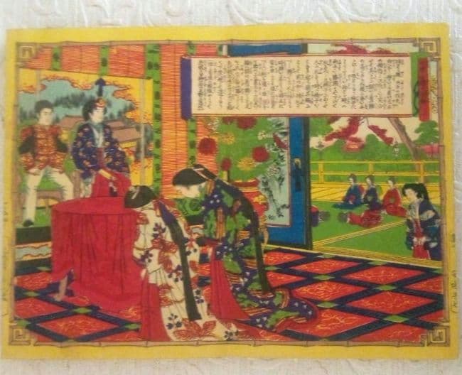 浮世絵、折り込み画帖小学女禮式圖解乾(多色刷り木版画15絵入り中判)安達吟光画、