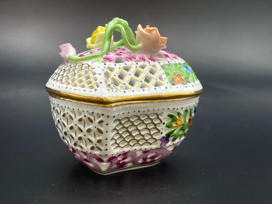 【S】美品 ヘレンド ボンボニエール 金彩 透かし オープンワーク