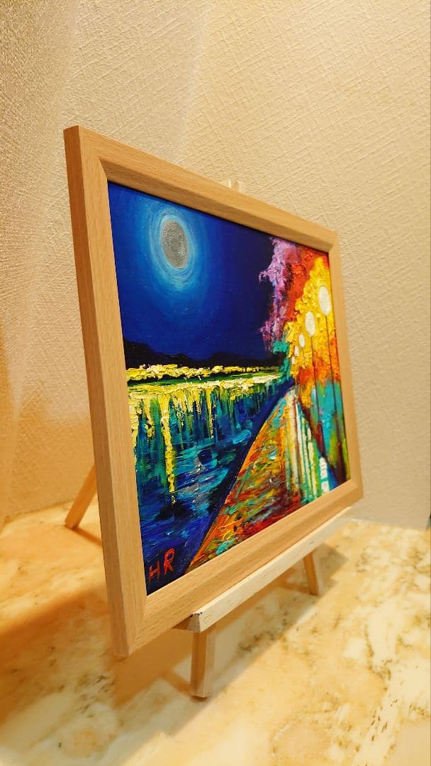 油絵 絵画【湖のライトアップ 】