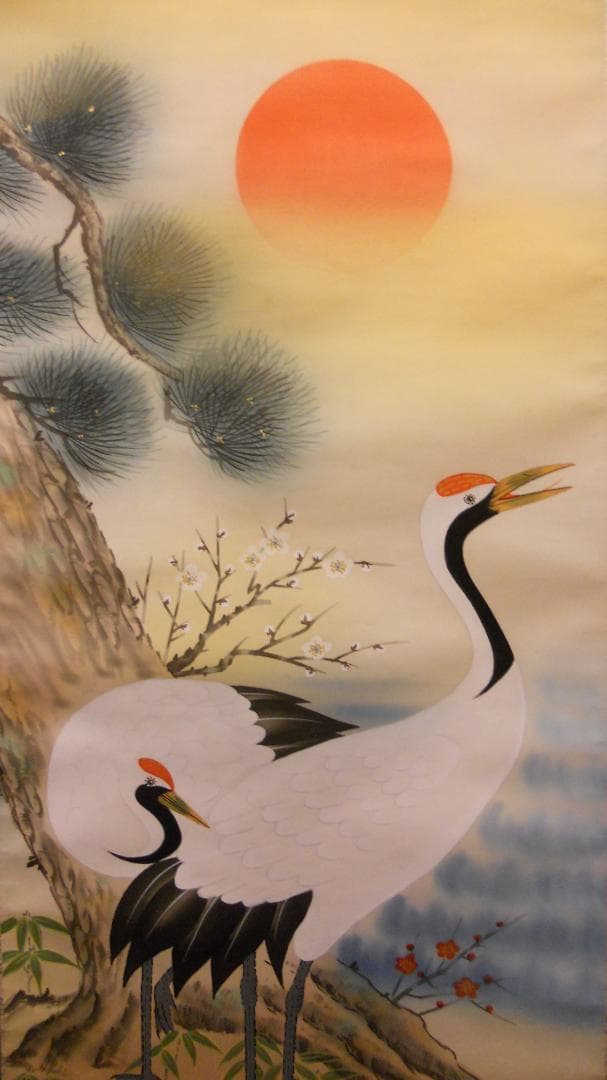 掛け軸 春光 『 鶴亀 』 絹本 希少 軸装 茶道具 掛軸 美品 です。