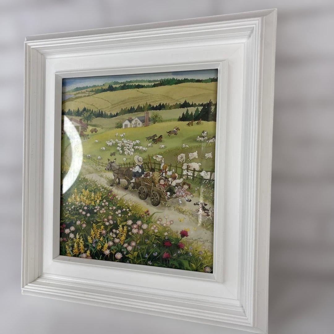 藤田三歩 牧場のごあいさつ 額装 絵画 風景画 メルヘン アート インテリア