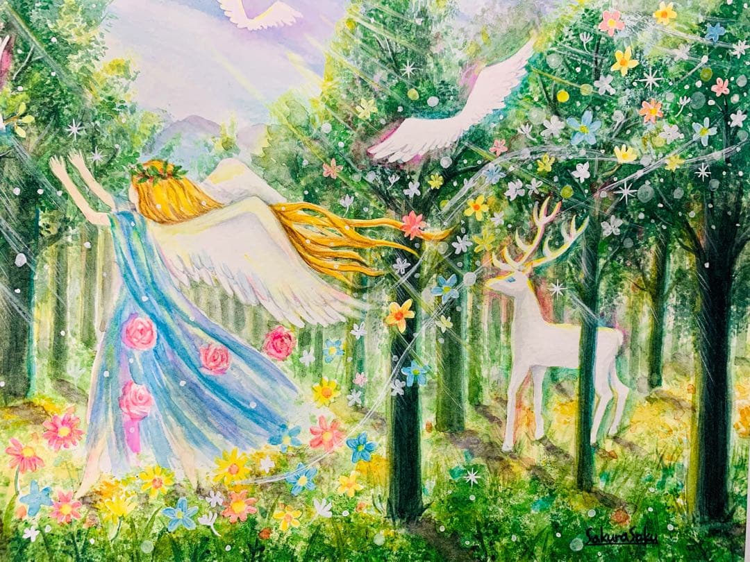 【森の音色に誘われて】絵画 ,原画,天使,森,緑,angel,樹木,光,白鹿,鳥