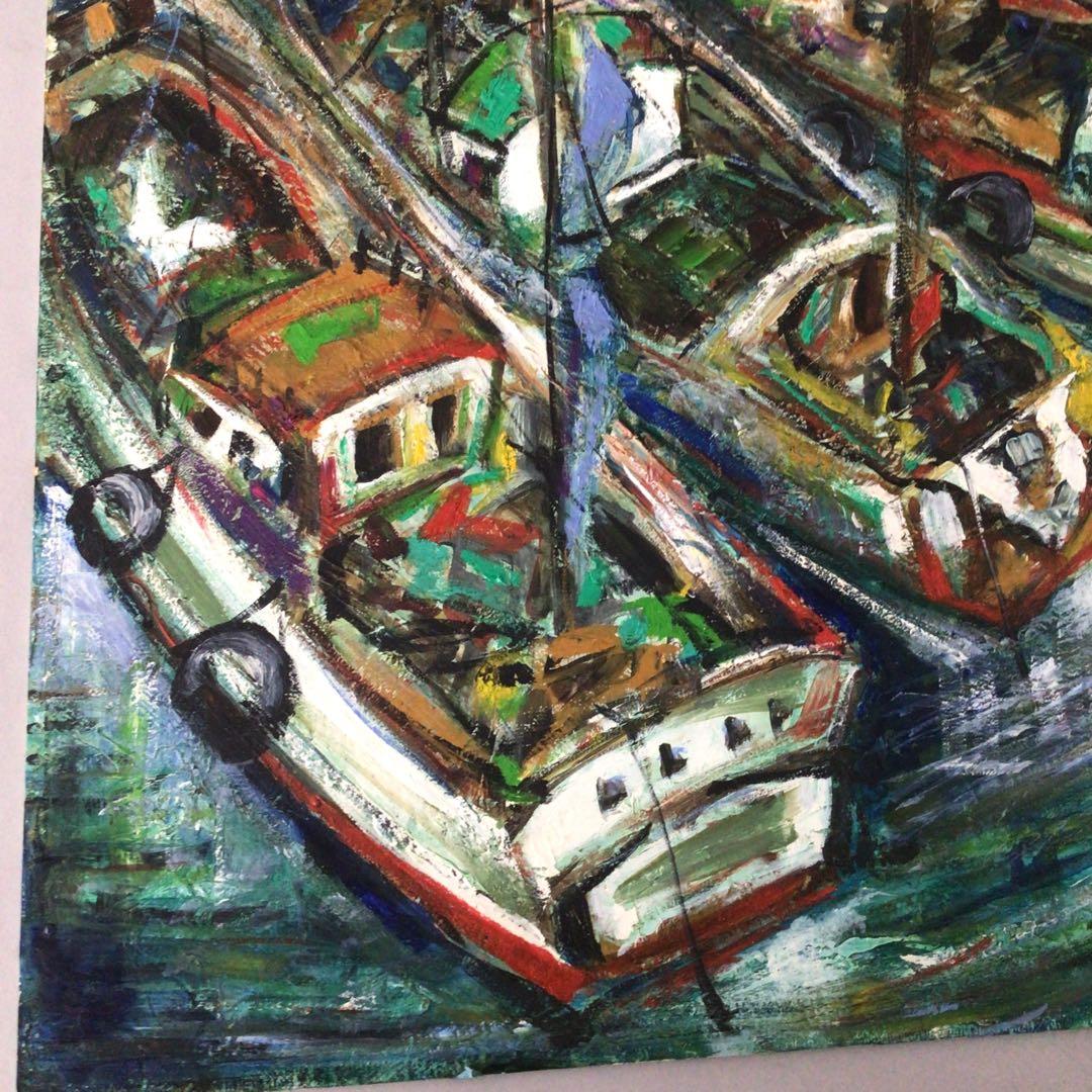 No3652 額装　作者不詳　油彩画　港図　F8 紙箱付　洋画　風景画　送料無料