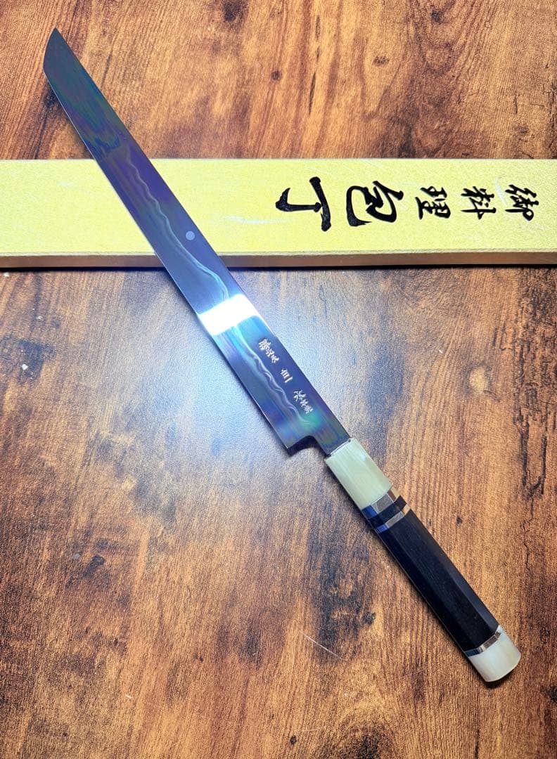 池田美和　蛸引 先丸　水本焼　白一鋼　富士山 全鏡面 尺　黒檀白水牛八角柄