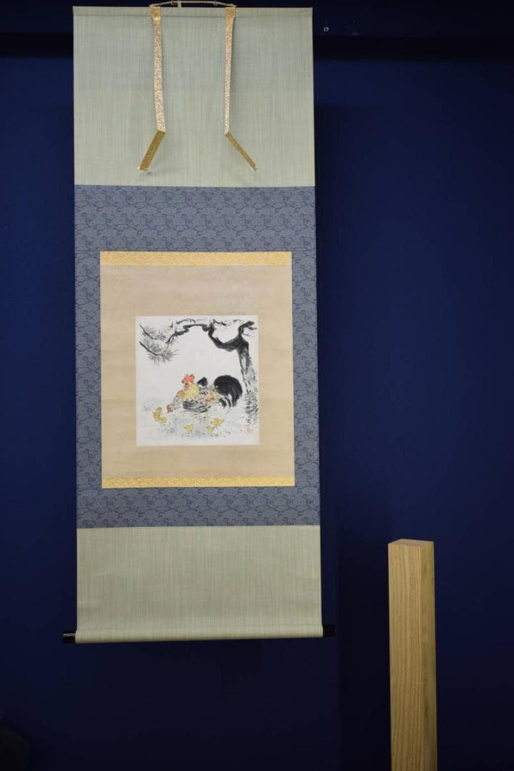 真作/小川千甕/鶏図/双鶏ひよこ図/花鳥図/布袋屋掛軸HJ-154