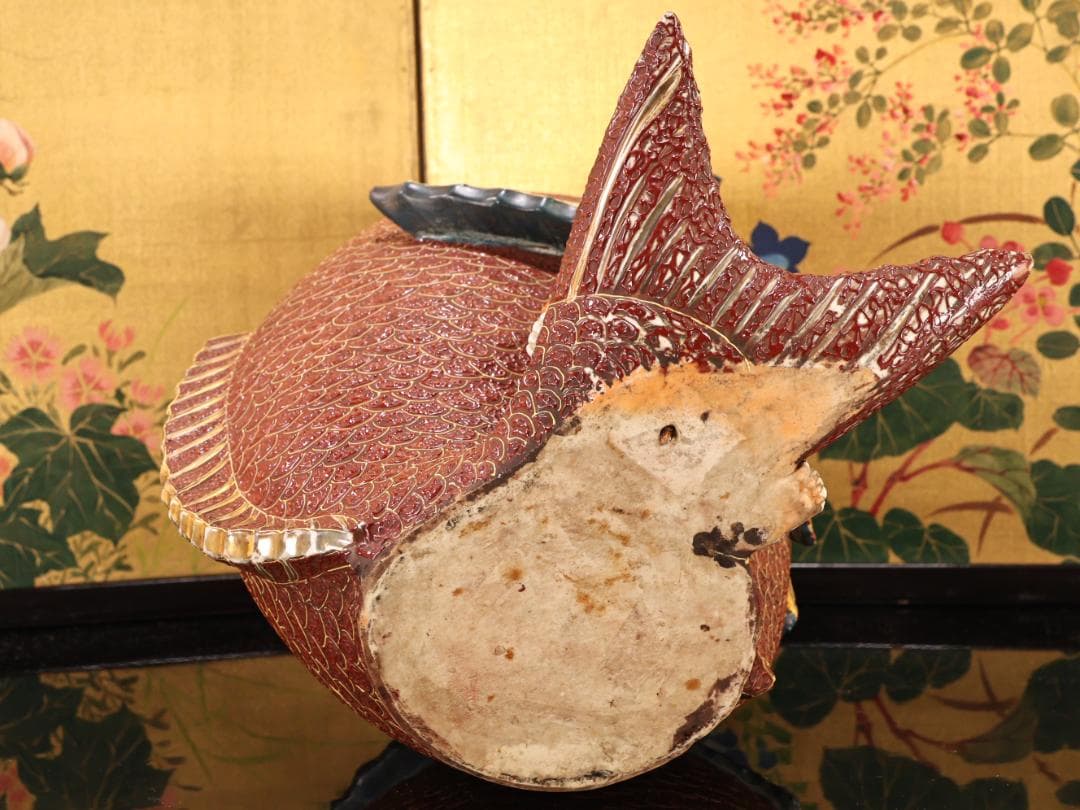 BK525　古九谷　色絵金彩　大鯛恵比寿置物　花瓶 花器 古美術品　床飾