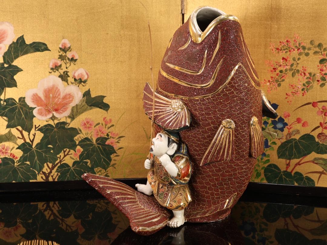 BK525　古九谷　色絵金彩　大鯛恵比寿置物　花瓶 花器 古美術品　床飾
