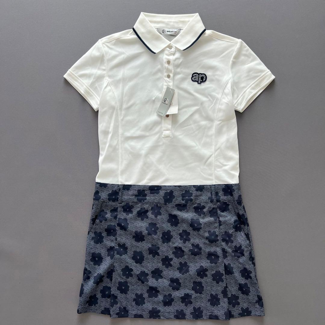 【新品】and per se アンパスィ　ワンピース　半袖　ゴルフ　ロゴ　柄　M