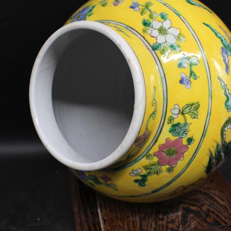 清康熙黄地粉彩龍鳳紋将軍茶壺 景徳鎮 陶磁器 装飾品 現代工芸品 美術品 置物
