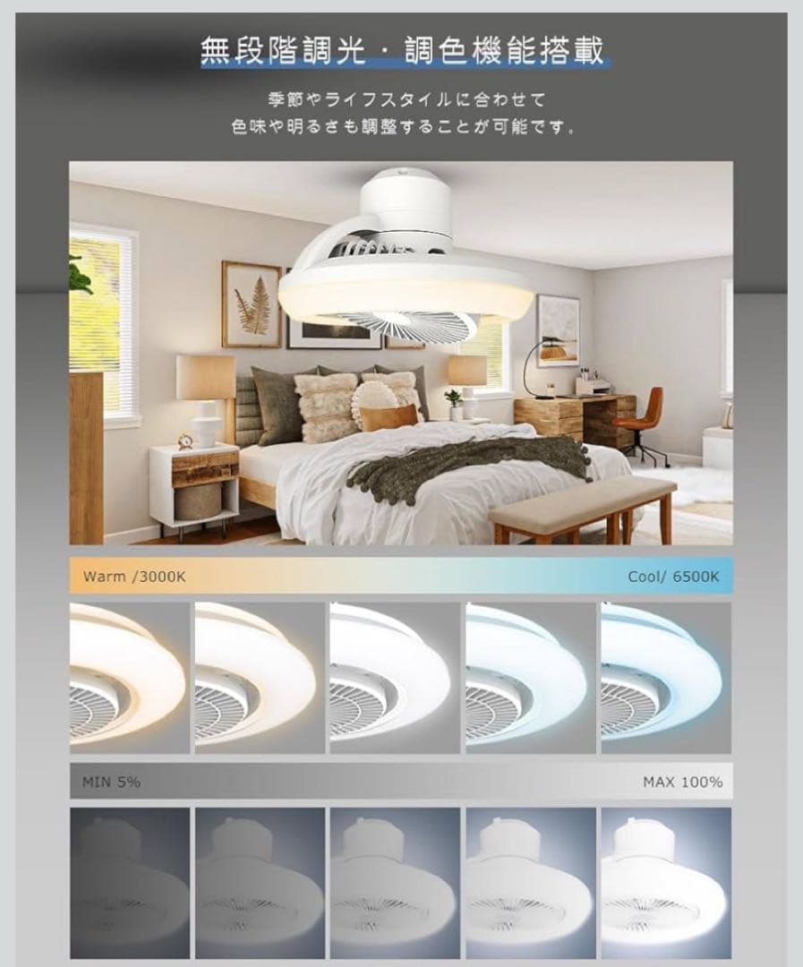 ファン付きLEDシーリングライト 静音DC 調光調色 音声操作 工事不要