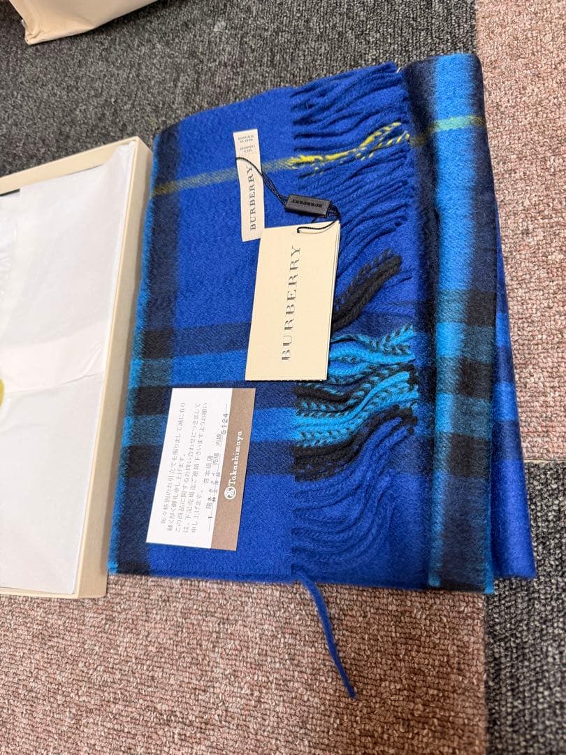 未使用 BURBERRY カシミヤマフラー ブルー チェック 箱付き タグ付き
