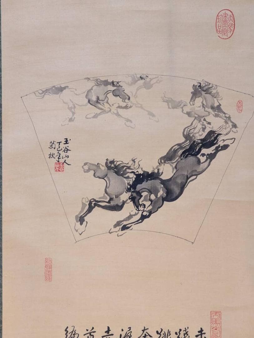 【真作】掛軸　奔馬図　中国風水墨掛軸　馬の図　詩賛あり　近代文人画　S18