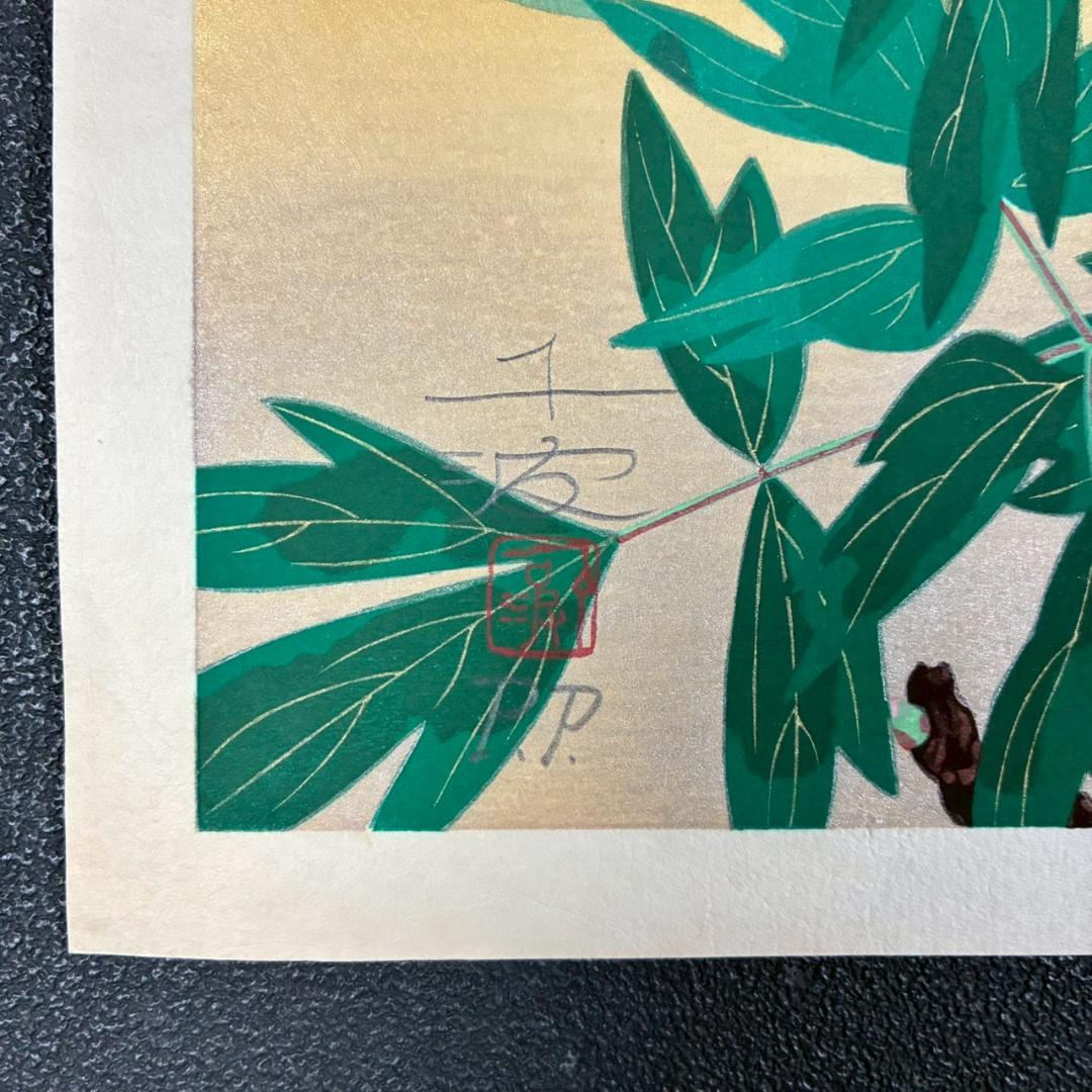 美品 中島千波「黒牡丹」木版画 直筆サイン・朱印有 アダチ版画研究所 桜の千波