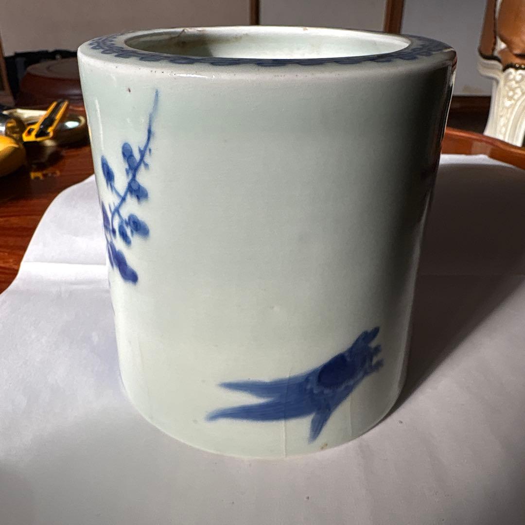 染付筆筒　松竹梅青花筆筒　11.2cm✖️10.6cm