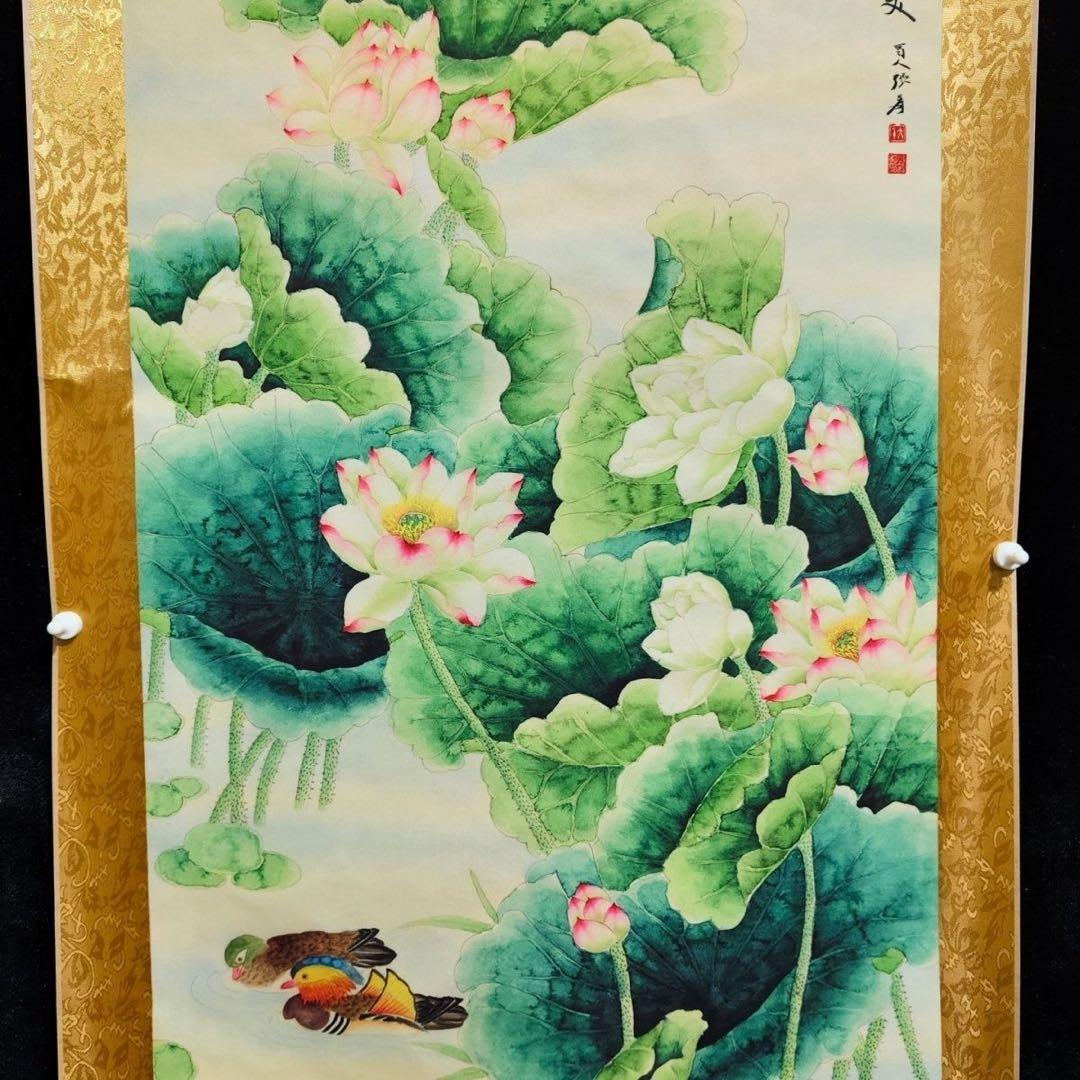 张大千 荷花鸳鸯 中国画 掛け軸 水墨画 和室 玄関 茶室 壁掛け 美術品