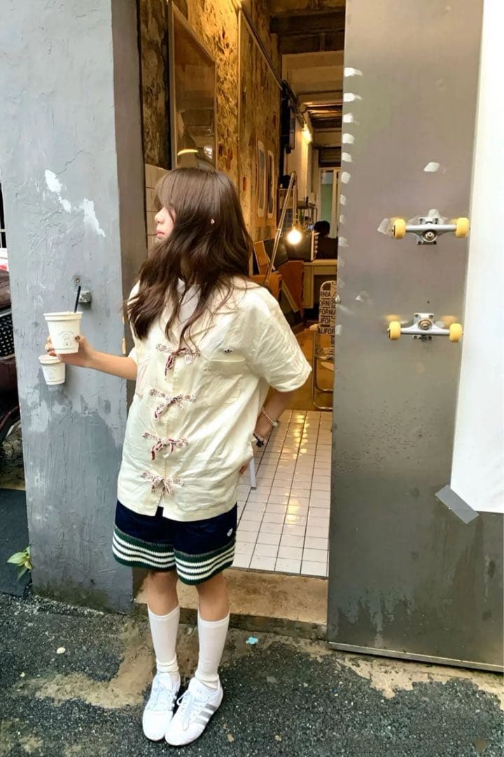 新品S ADIDAS X CLOT ボウリングシャツ ホワイトJP1599