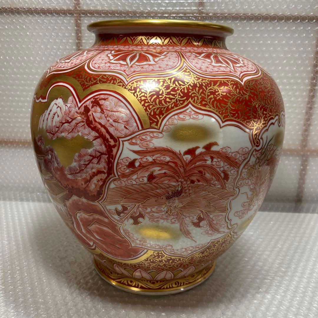 九谷焼 赤絵金彩 赤絵割取 大型 花瓶 花器 華道具