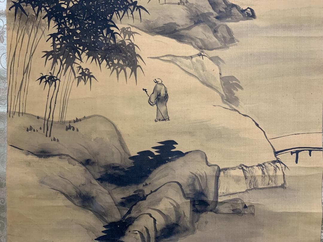 南海 山水図 絹本 肉筆 掛軸 南画家 中国画 828