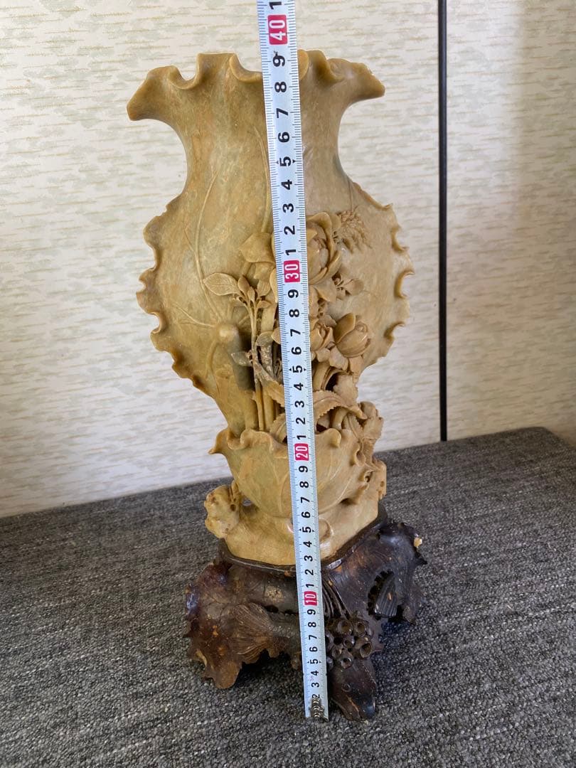 中国石細工　花瓶フラワーベース　花彫刻　アンティーク　美術品