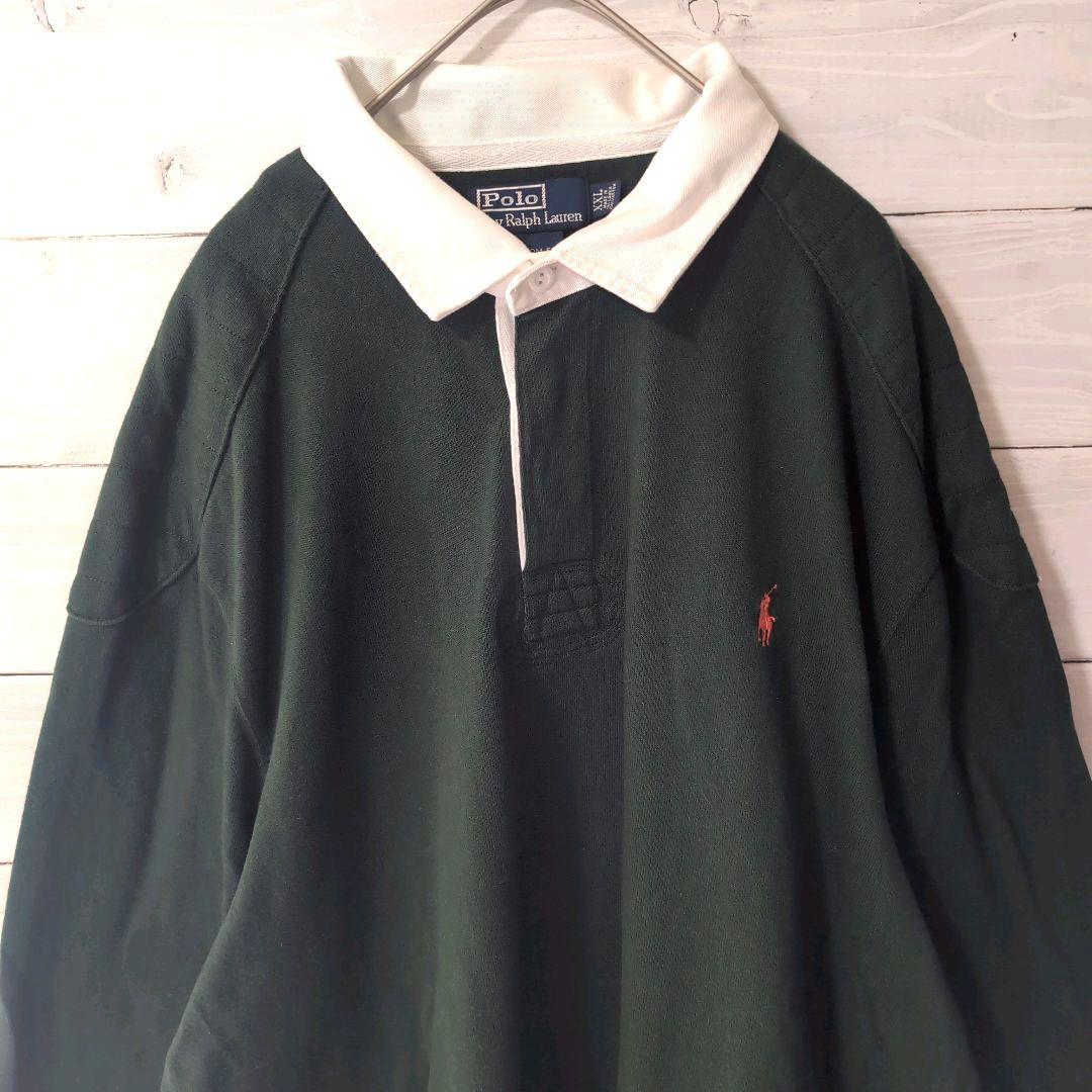 【美品】90Ｓ古着Poloポロラルフローレンラガーシャツ長袖グリーン2XL