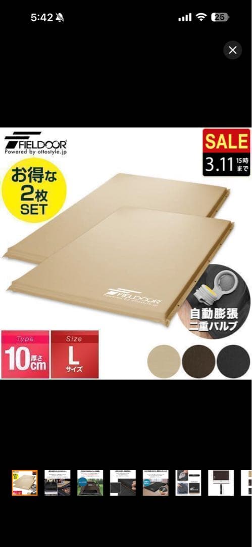 FIELD DOOR インフレーターマット 10cm Lサイズ 2枚セット