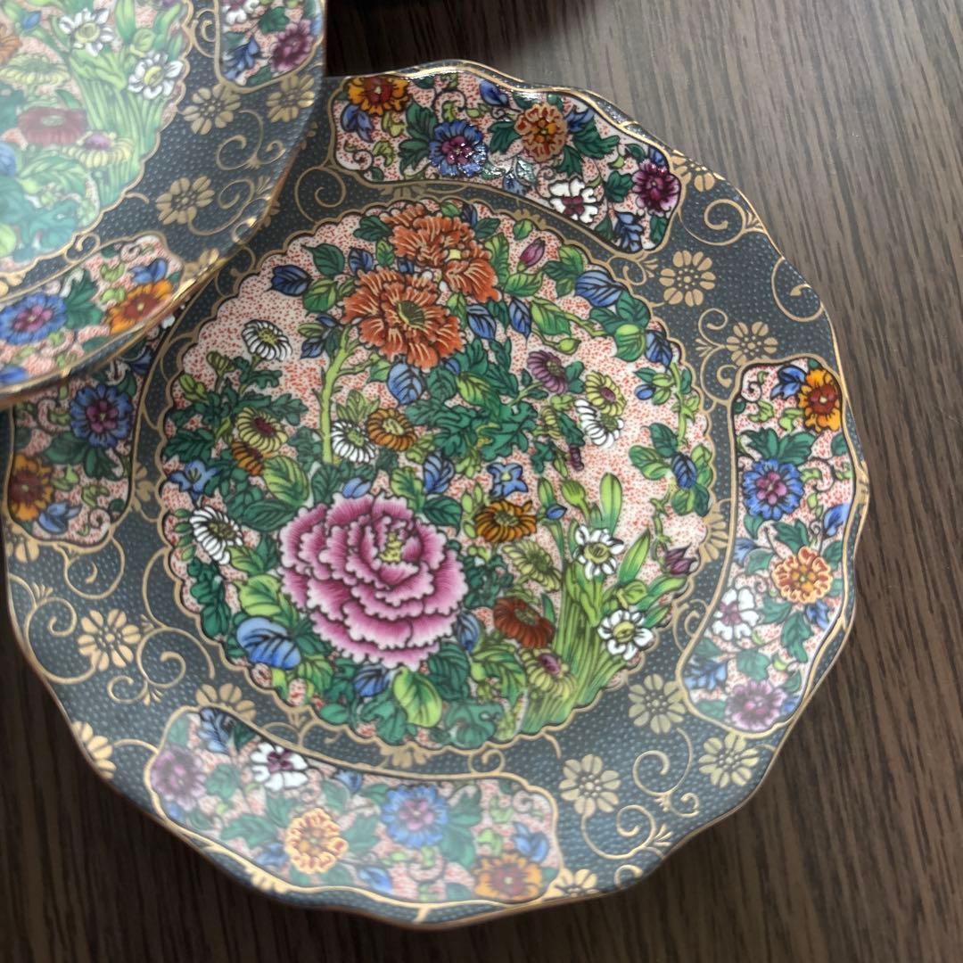 九谷焼　正峰窯　青粒鉄線　花詰　色絵金彩　銘々皿　小皿５枚