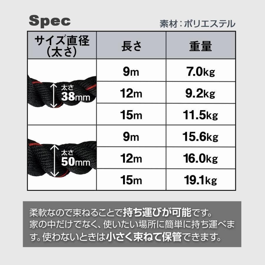 トレーニングロープ バトルロープ 50mm x 長さ15m プログレード2385