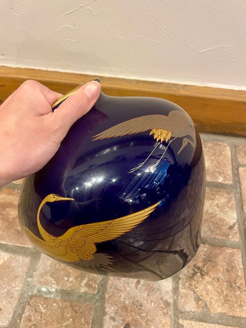 壺　有田焼　花瓶　瑠璃色　青　鶴　希少　縁起物　旧蔵出　アンティーク　骨董品