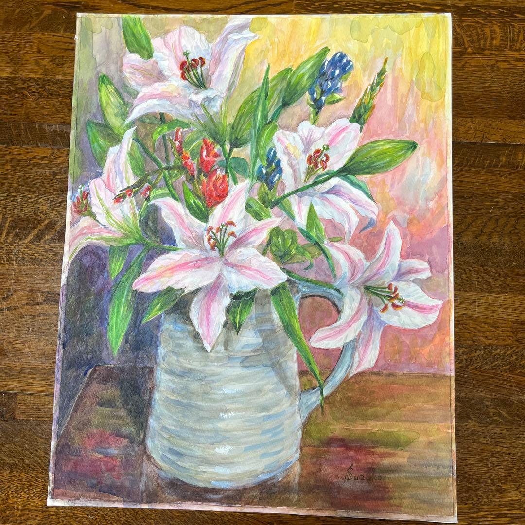 透明水彩画　百合の花(大) 額縁なし