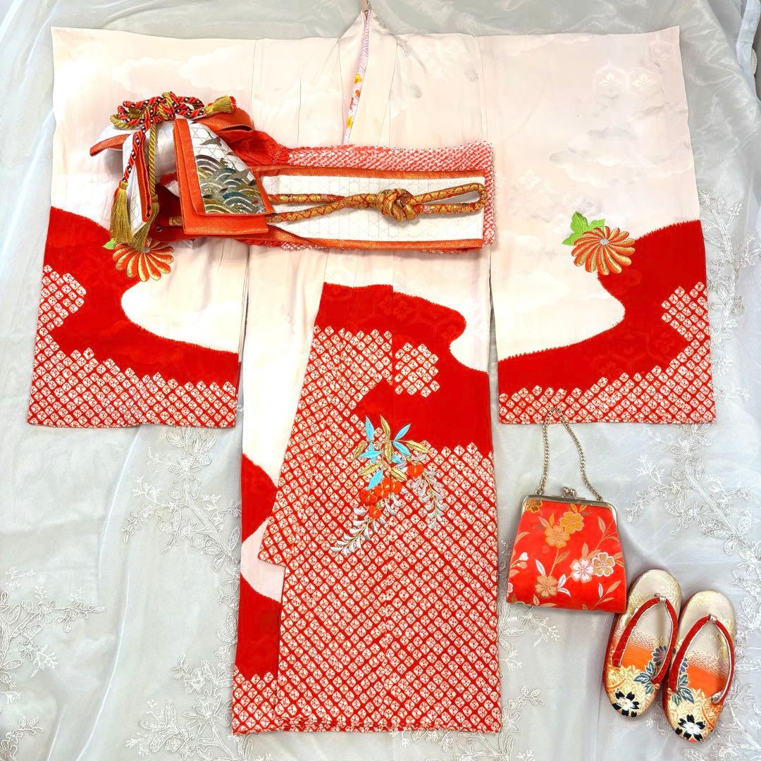 七五三直前割引【高級】お宮参り 七五三 3歳 着物セット 紅白 金駒刺繍 絞り