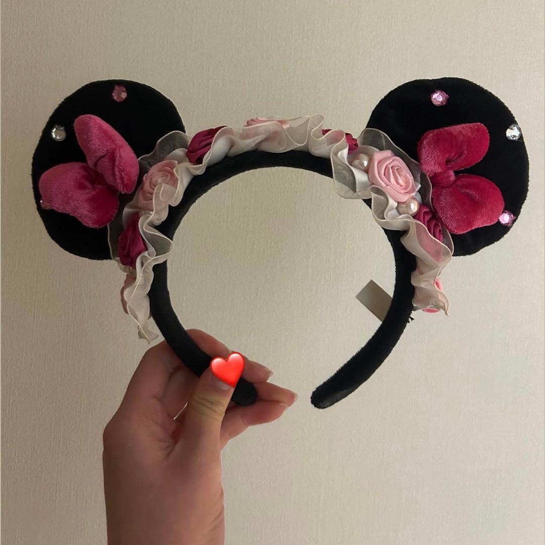 ディズニー　カチューシャ　薔薇　ミニー　フリル　レース　ピンク